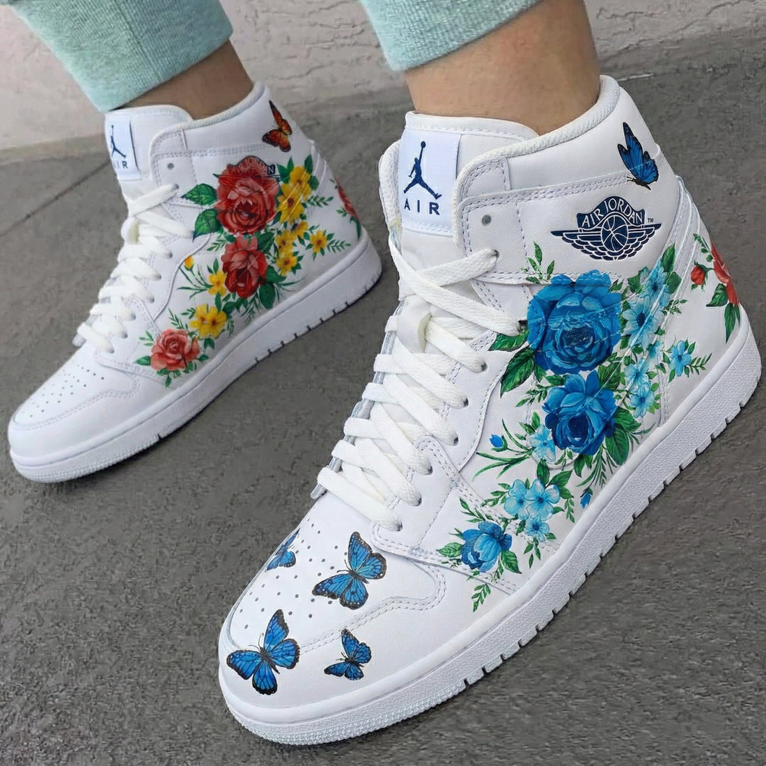Custom AJ 1s Shoes Floral and Butterflies Blue and Red