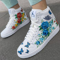 Custom AJ 1s Shoes Floral and Butterflies Blue and Red