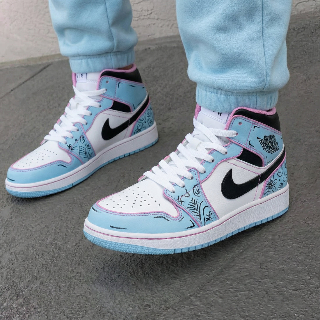 Custom AJ 1s Shoes Floral Design Baby Blue Pink
