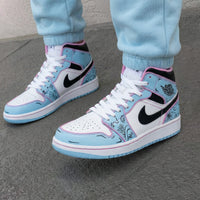 Custom AJ 1s Shoes Floral Design Baby Blue Pink