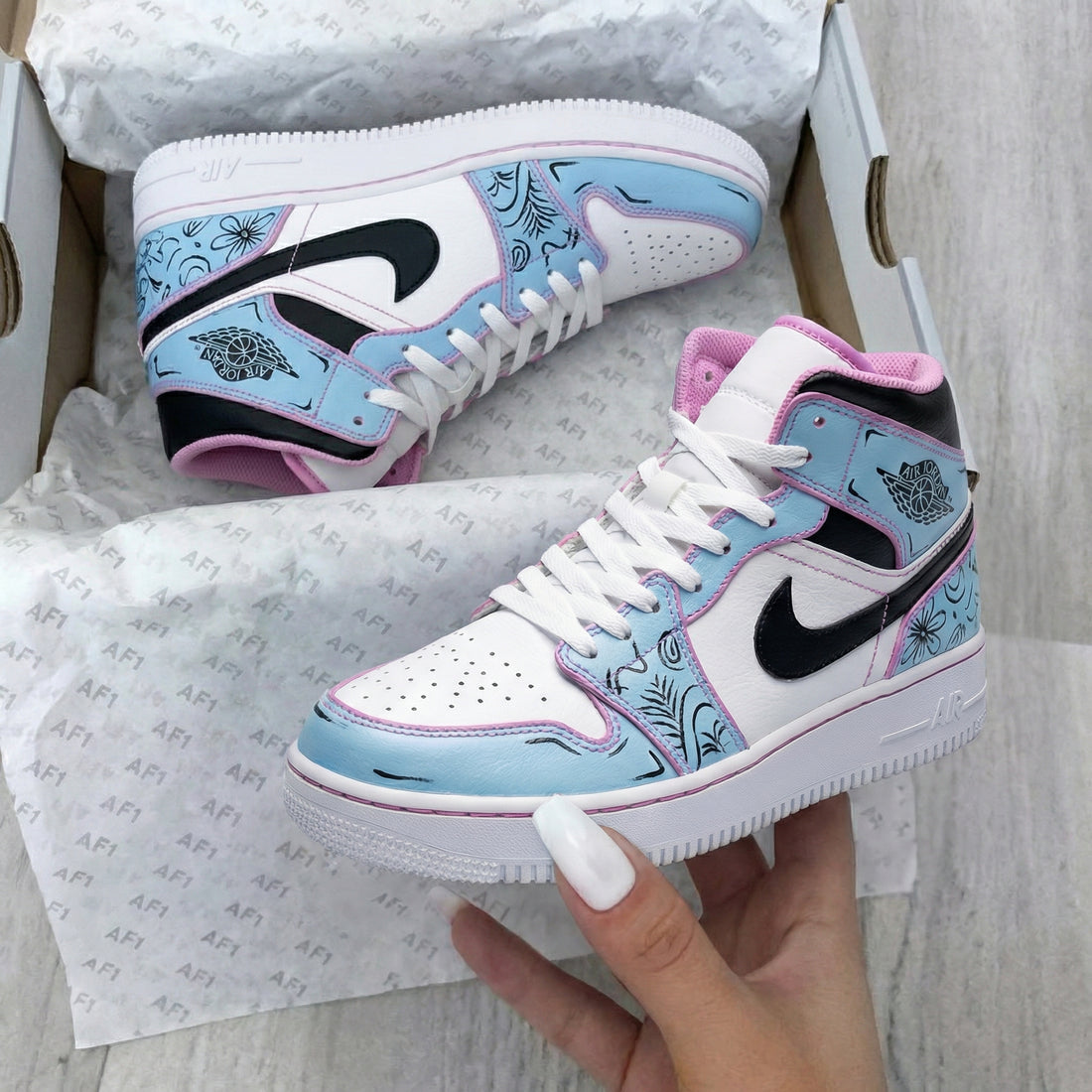Custom AJ 1s Shoes Floral Design Baby Blue Pink