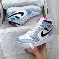 Custom AJ 1s Shoes Floral Design Baby Blue Pink