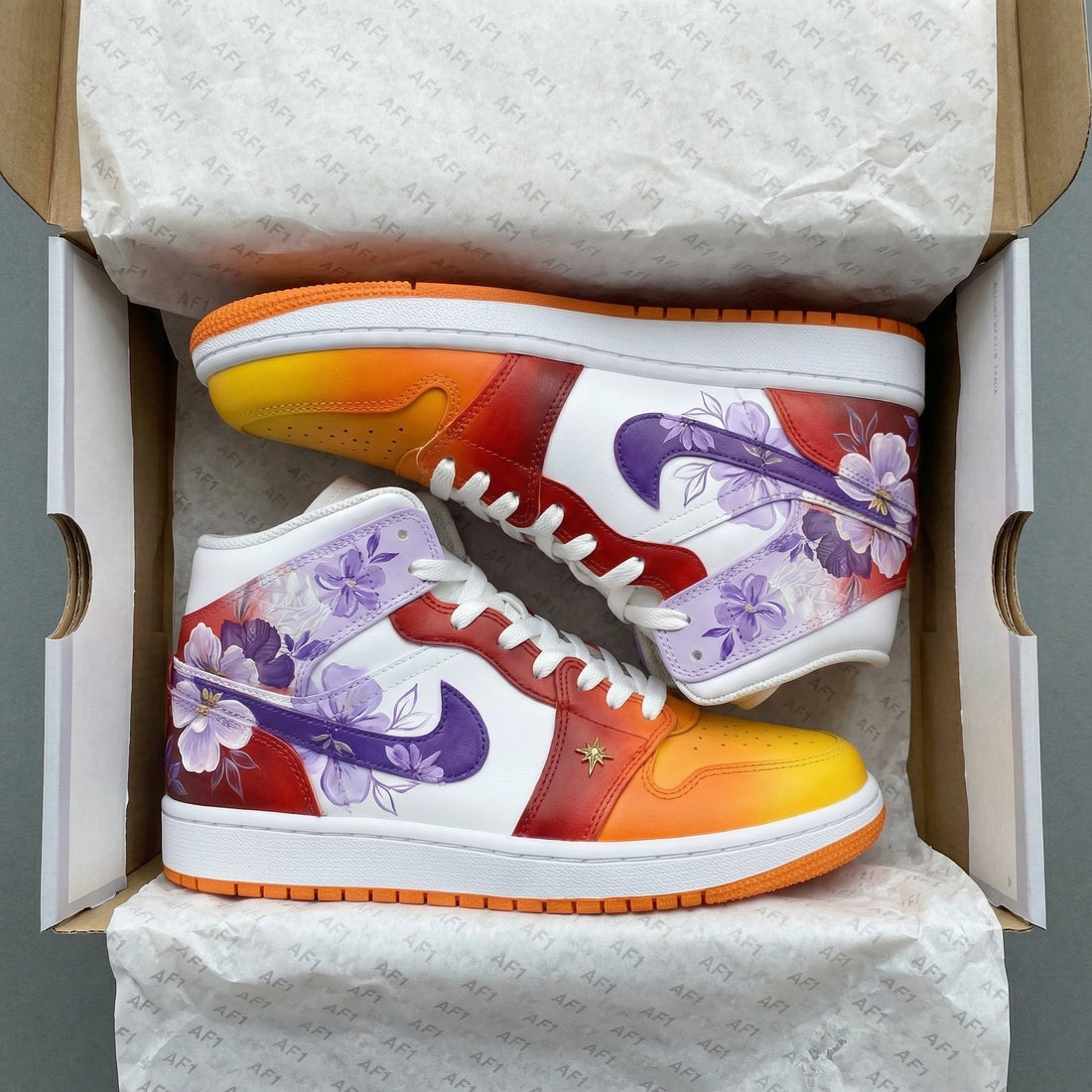 Custom AJ 1s Shoes Floral Design Orange Red Purple