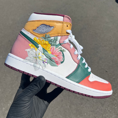 Custom AJ 1s Shoes Floral Design Pink Green