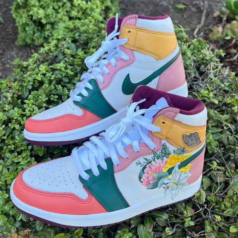Custom AJ 1s Shoes Floral Design Yellow Pink