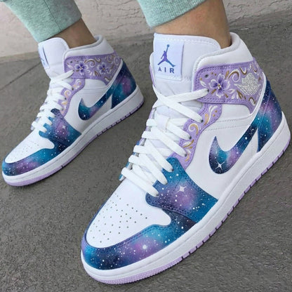 Custom AJ 1s Shoes Floral Galaxy Design Purple Blue