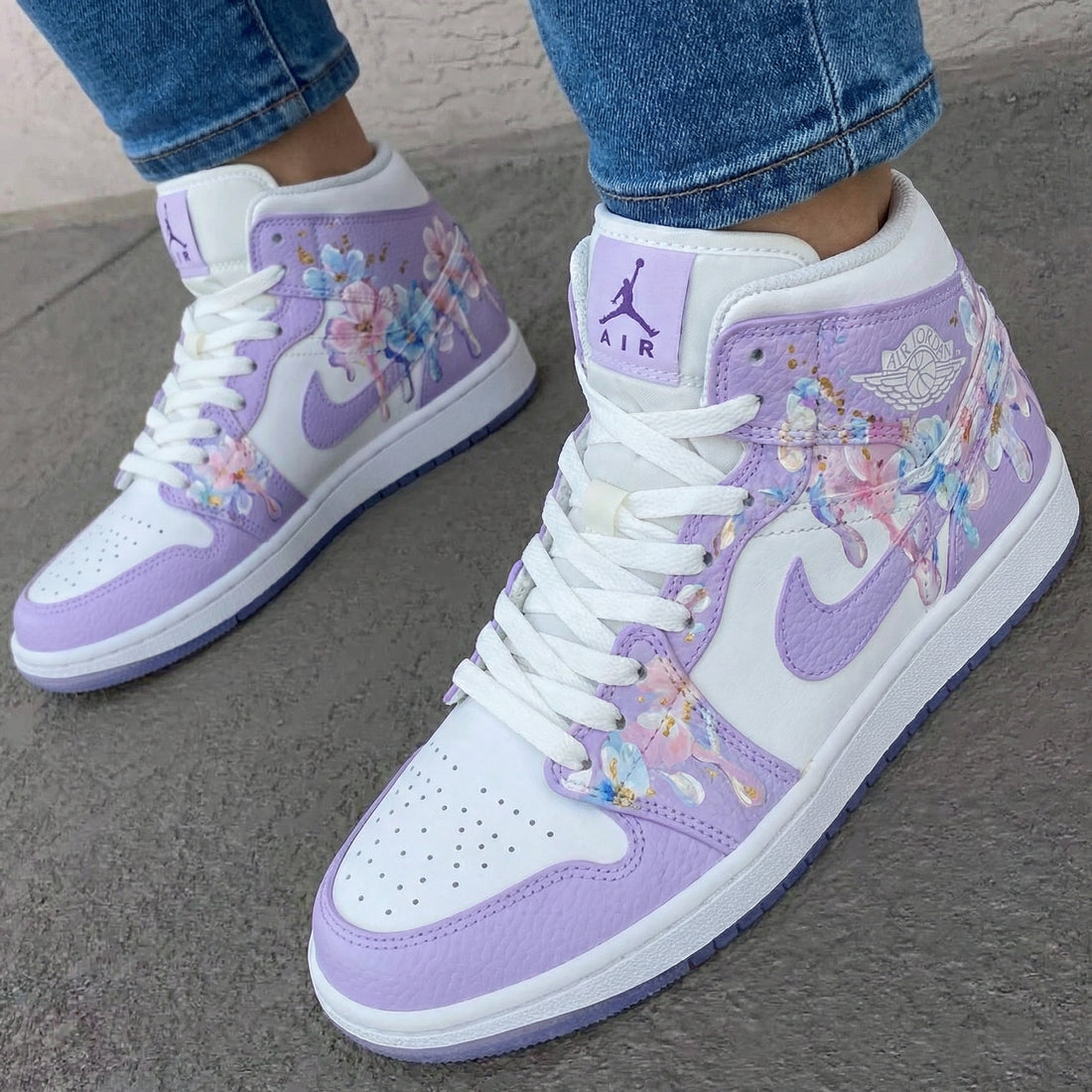Custom AJ 1s Shoes Floral Pattern Lilac White