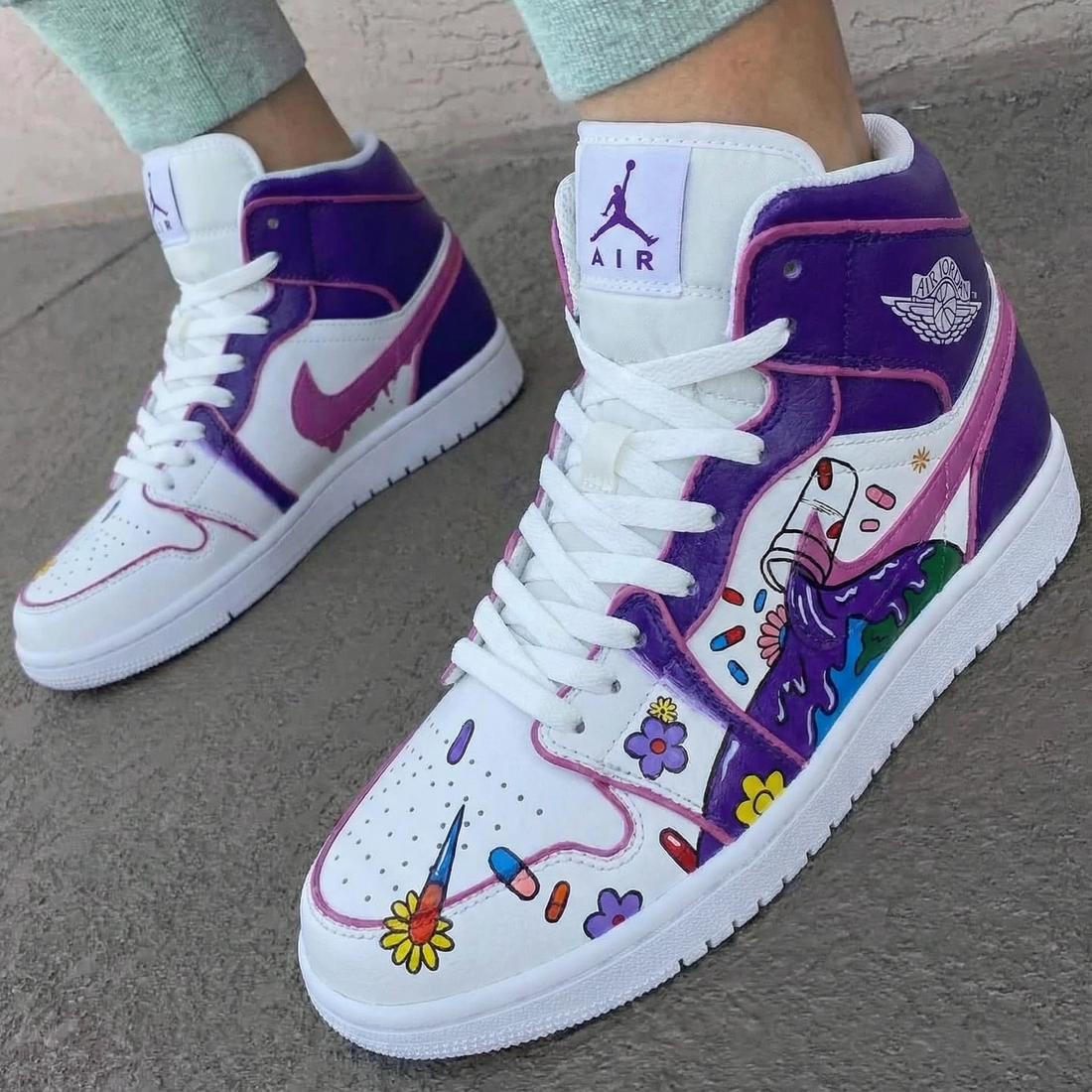 Custom AJ 1s Shoes Floral Pattern Purple Pink