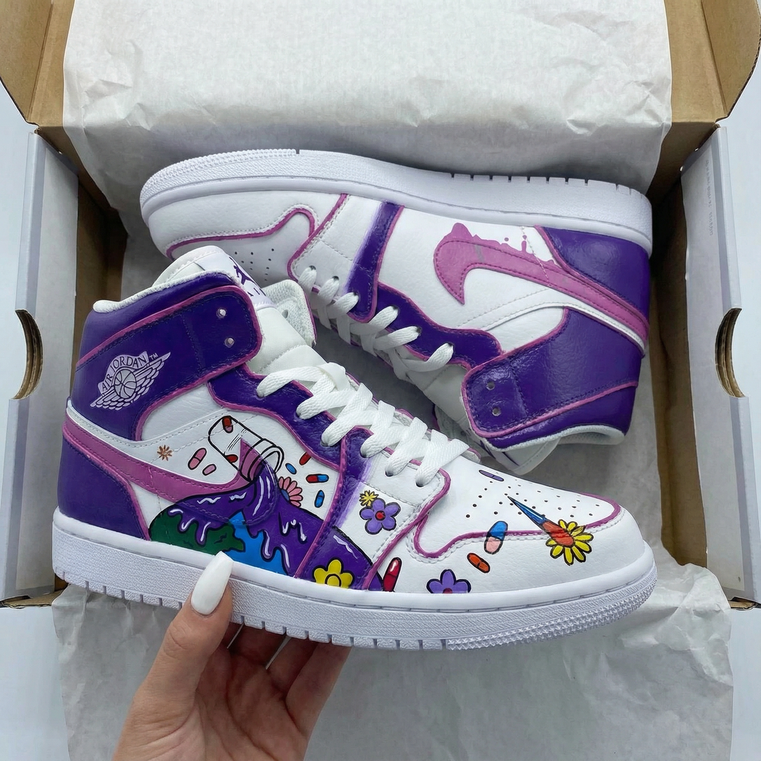 Custom AJ 1s Shoes Floral Pattern Purple Pink