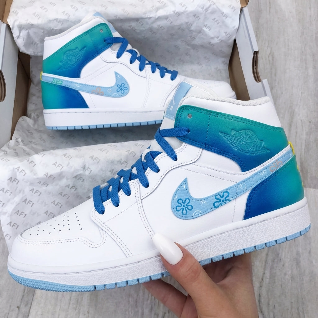 Custom AJ 1s Shoes Flowers Baby Blue Teal