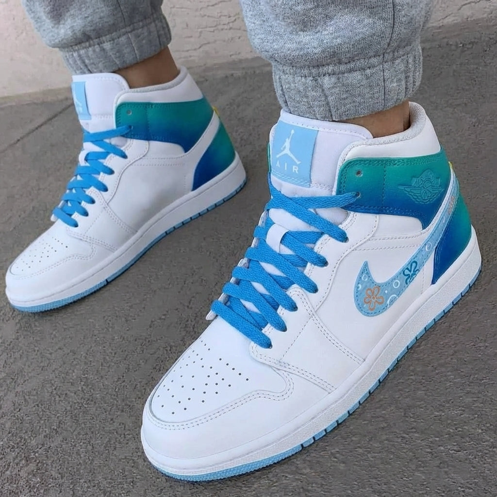 Custom AJ 1s Shoes Flowers Baby Blue Teal