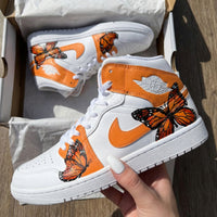 Custom AJ 1s Shoes Fresh Orange White Butterfly Wings Design