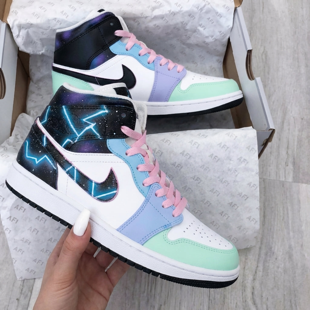 Custom AJ 1s Shoes Galaxy Lightning Mint Green Purple Baby Blue Baby Pink