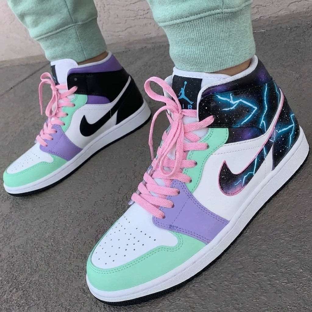 Custom AJ 1s Shoes Galaxy Lightning Mint Green Purple Baby Blue Baby Pink