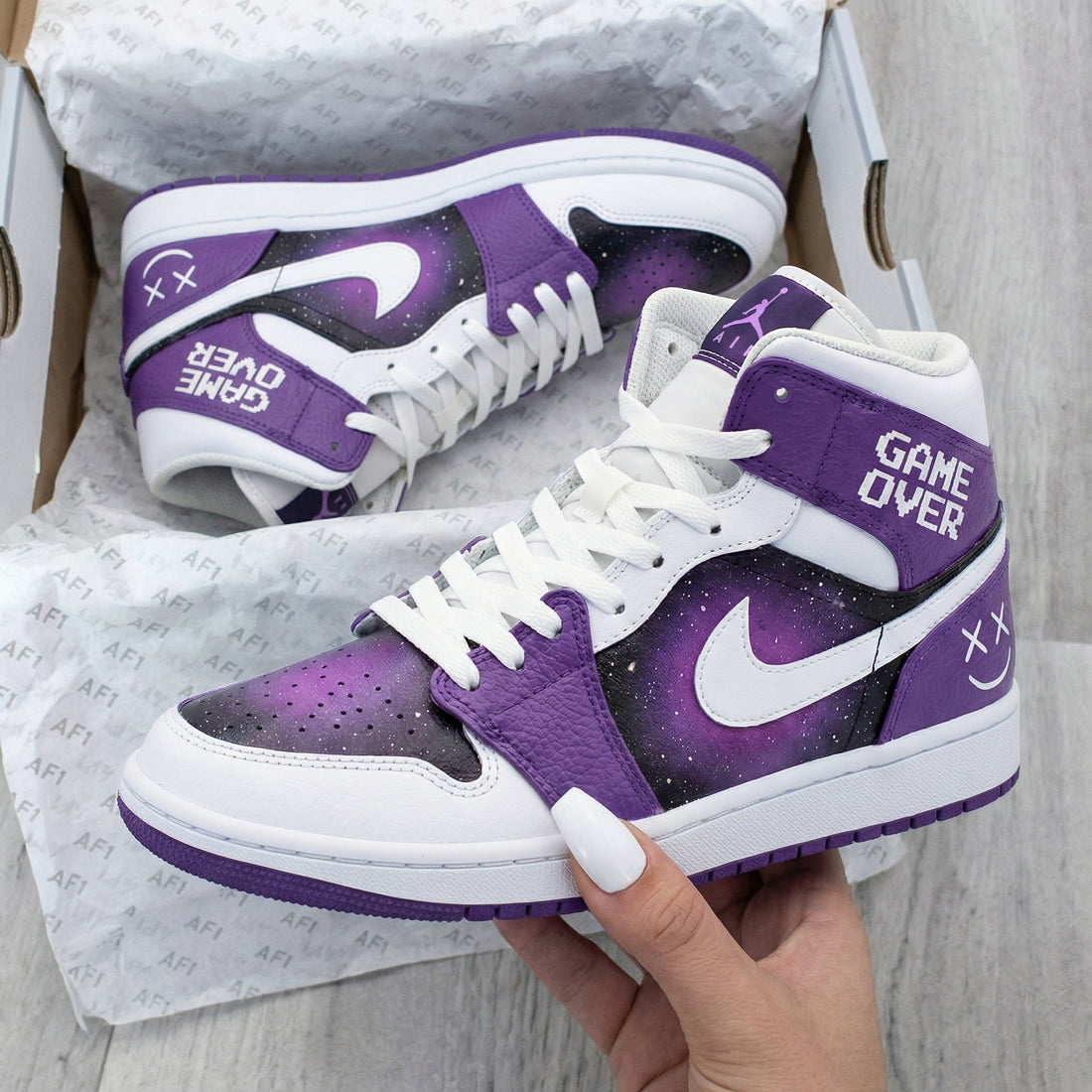 Custom AJ 1s Shoes Galaxy Pattern Purple White