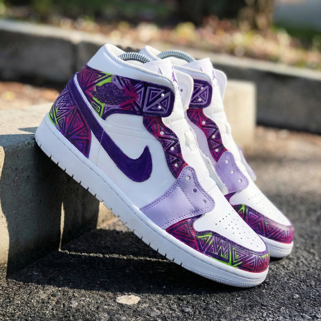 Custom AJ 1s Shoes Geometric Pattern Purple Pink