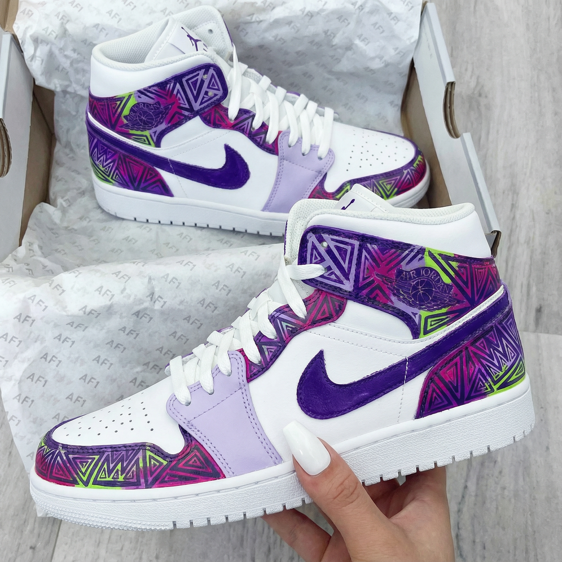 Custom AJ 1s Shoes Geometric Pattern Purple Pink