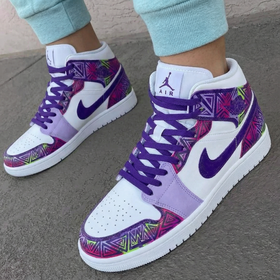 Custom AJ 1s Shoes Geometric Pattern Purple Pink