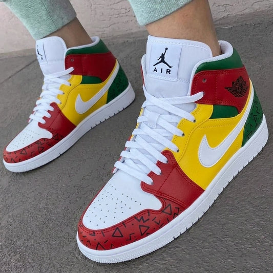 Custom AJ 1s Shoes Geometric Patterns Red Yellow Green