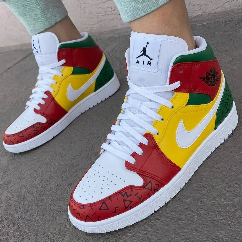 Custom AJ 1s Shoes Geometric Patterns Red Yellow Green