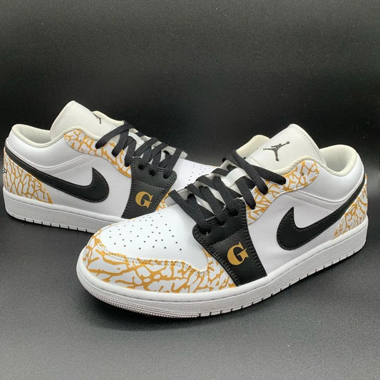 Custom AJ 1s Shoes GG Logo Crackle Pattern Black Gold