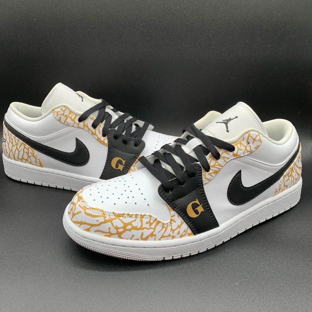 Custom AJ 1s Shoes GG Logo Crackle Pattern Black Gold