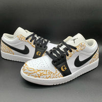 Custom AJ 1s Shoes GG Logo Crackle Pattern Black Gold