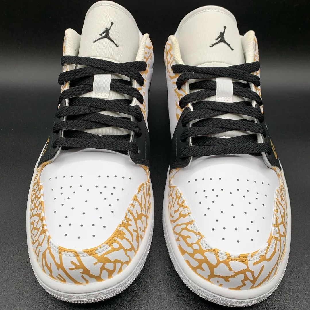 Custom AJ 1s Shoes GG Logo Crackle Pattern Black Gold