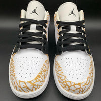 Custom AJ 1s Shoes GG Logo Crackle Pattern Black Gold