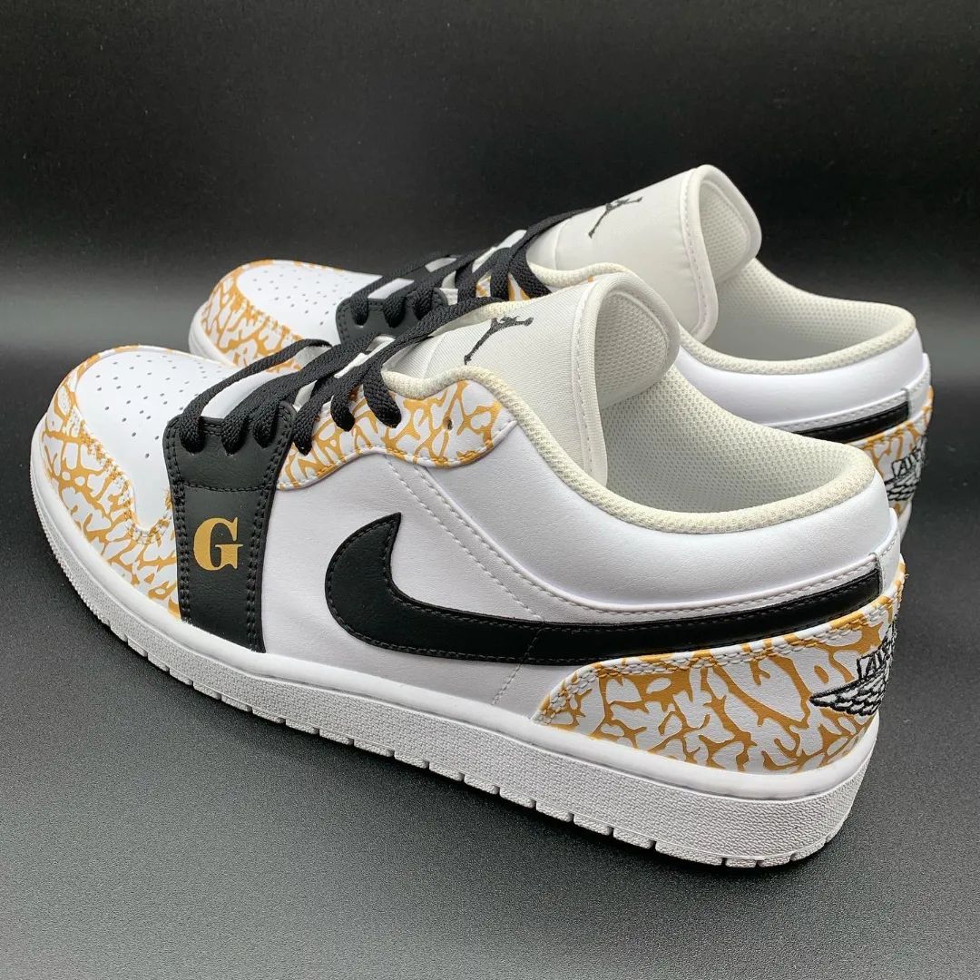 Custom AJ 1s Shoes GG Logo Crackle Pattern Black Gold