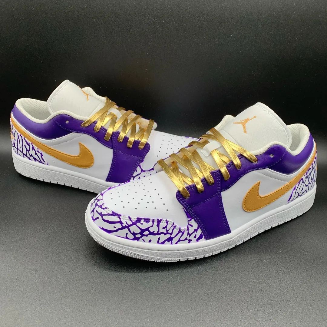 Custom AJ 1s Shoes Glamorous Purple and Gold Grunge Crackle