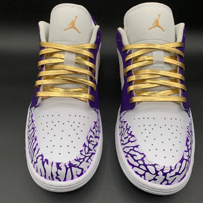 Custom AJ 1s Shoes Glamorous Purple and Gold Grunge Crackle