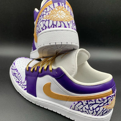 Custom AJ 1s Shoes Glamorous Purple and Gold Grunge Crackle