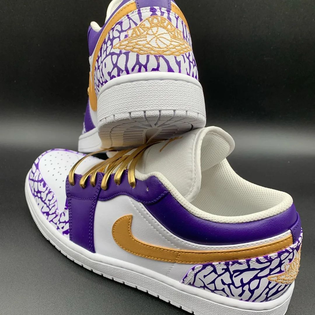 Custom AJ 1s Shoes Glamorous Purple and Gold Grunge Crackle