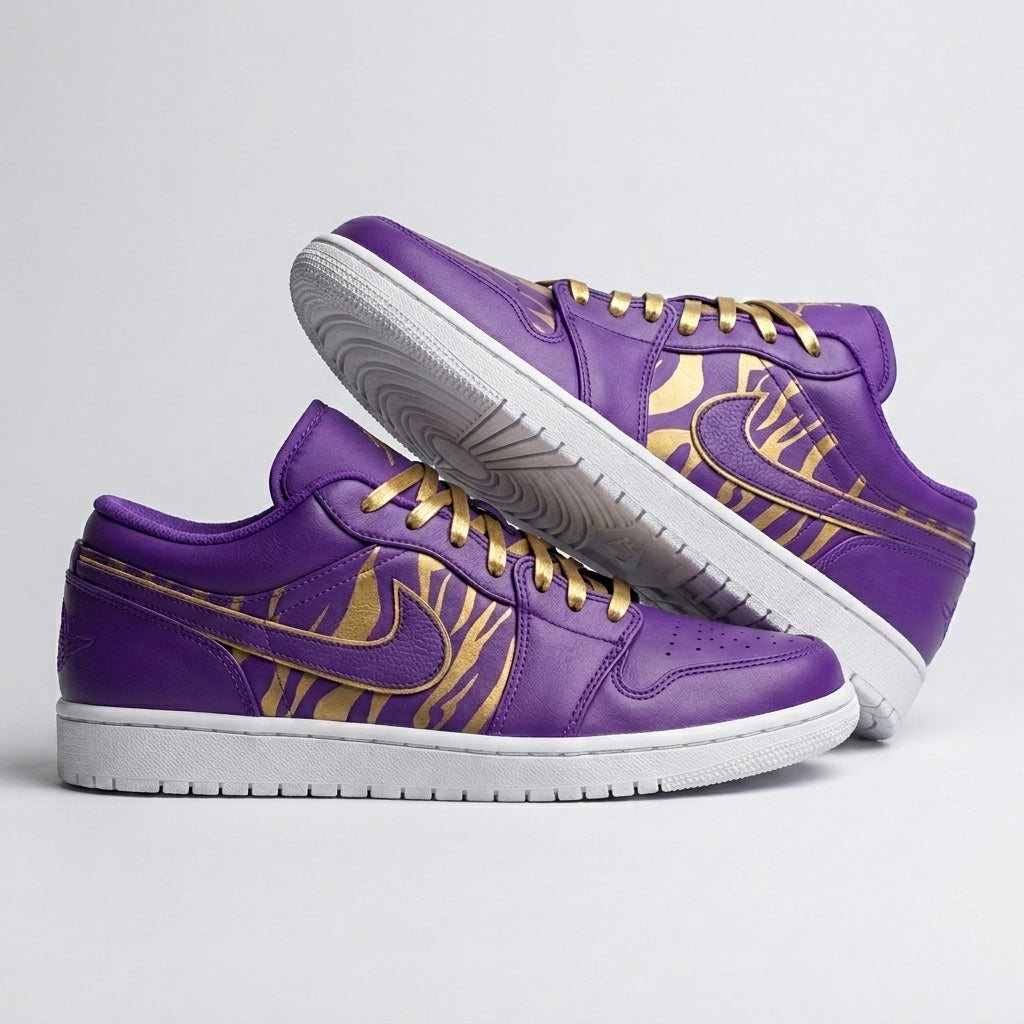 Custom AJ 1s Shoes Gold Zebra Pattern Purple Gold