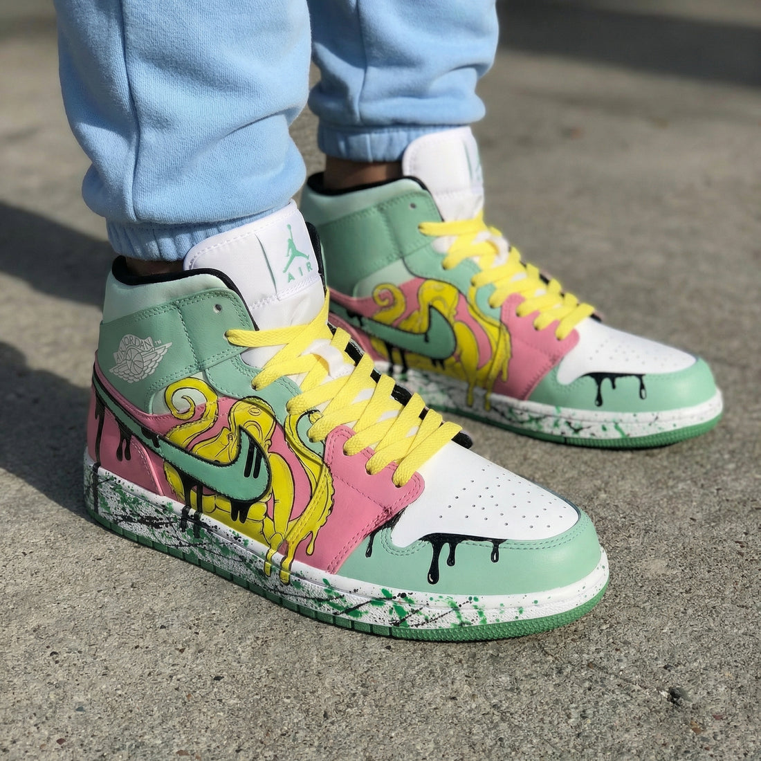 Custom AJ 1s Shoes Graffiti Design Baby Pink Mint Green