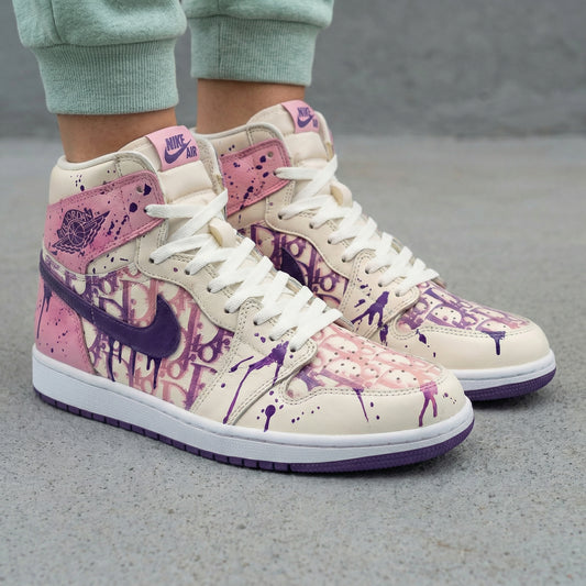 Custom AJ 1s Shoes Graffiti Pattern Baby Pink Purple