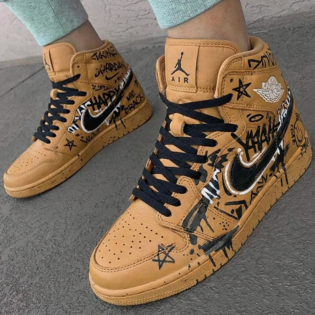 Custom AJ 1s Shoes Graffiti Tan Black