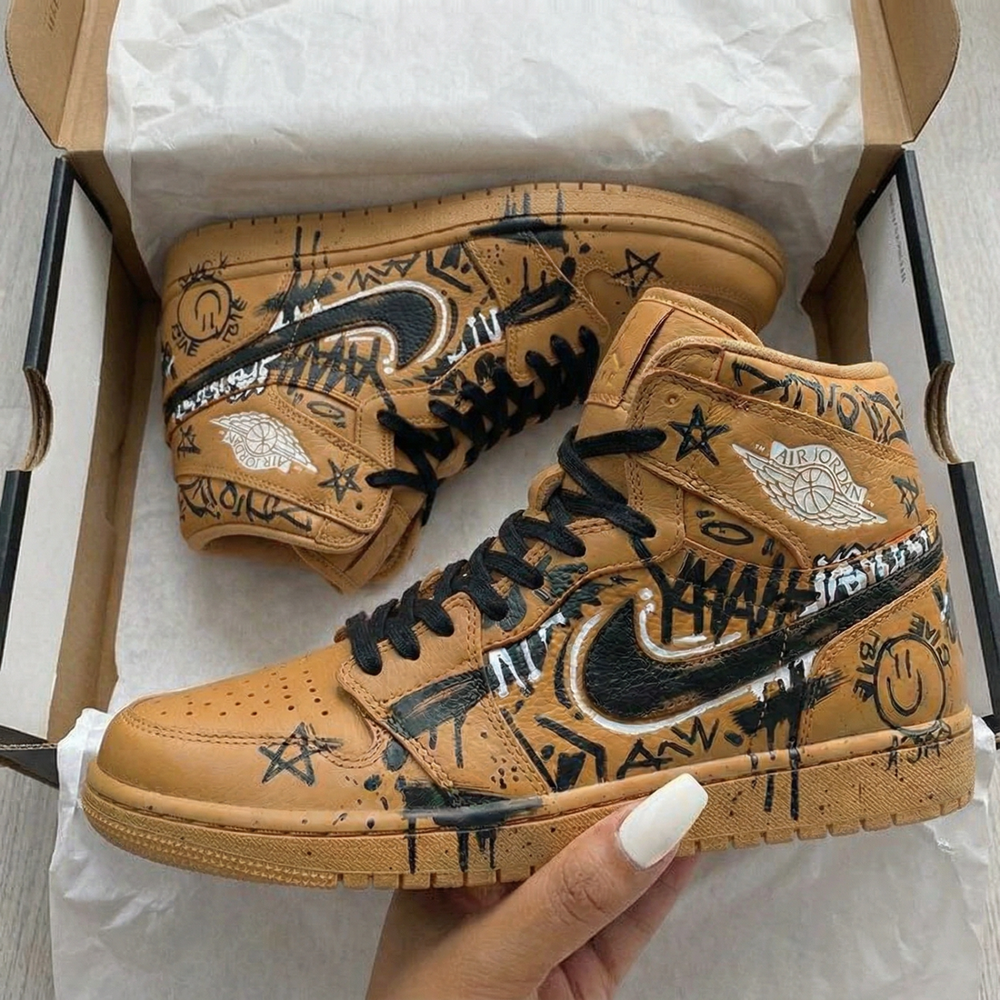 Custom AJ 1s Shoes Graffiti Tan Black