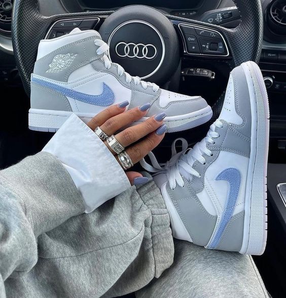 Custom AJ 1s Shoes Gray Baby Blue and White