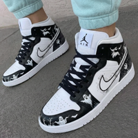 Custom AJ 1s Shoes Halloween Ghosts Pattern Black White