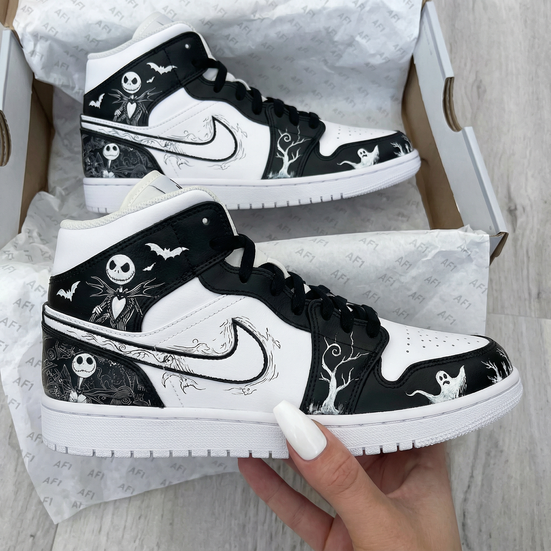 Custom AJ 1s Shoes Halloween Ghosts Pattern Black White