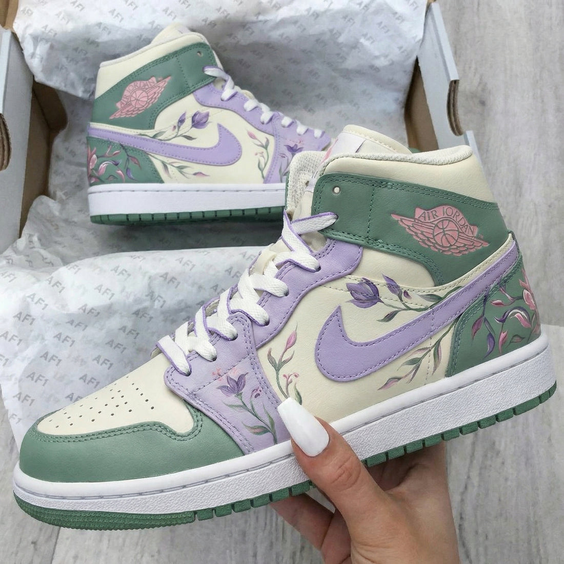 Custom AJ 1s Shoes Healing Pastel Lilac Green Floral