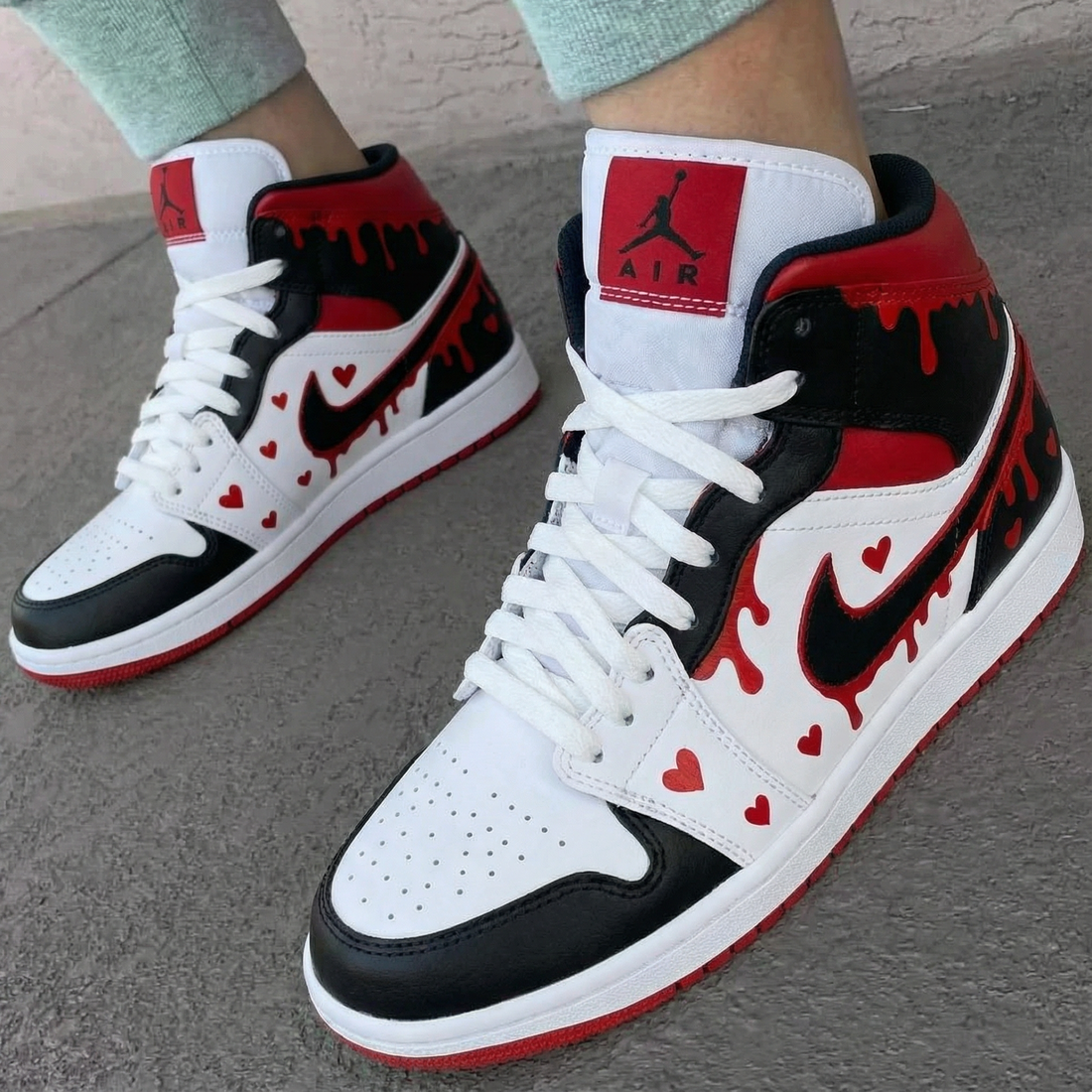 Custom AJ 1s Shoes Heart Drip Pattern Black Red White
