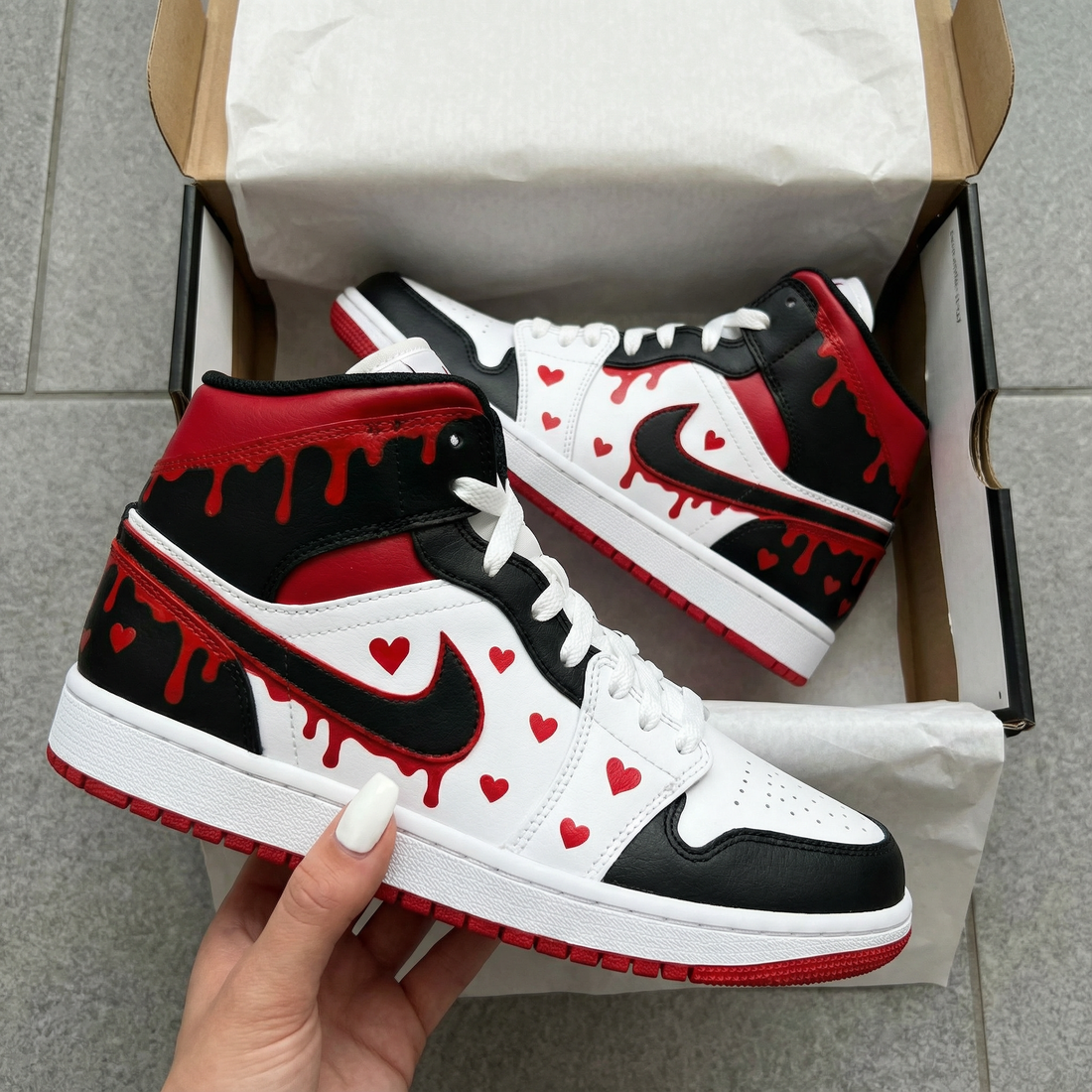 Custom AJ 1s Shoes Heart Drip Pattern Black Red White