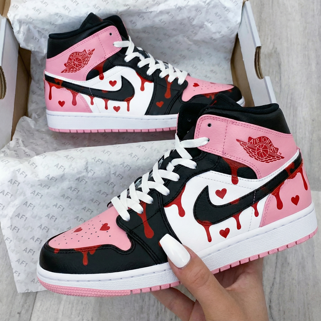 Custom AJ 1s Shoes Heart Pattern Baby Pink Black White