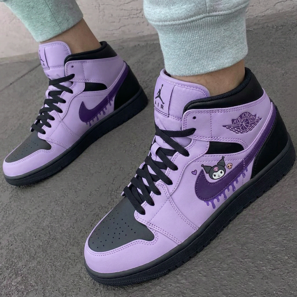 Custom AJ 1s Shoes Kuromi Skull Heart Drip Light Purple Black