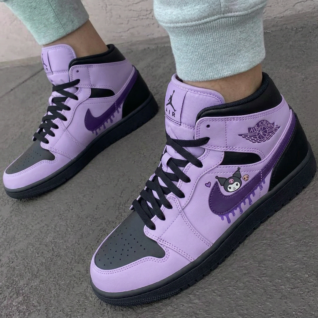 Custom AJ 1s Shoes Kuromi Skull Heart Drip Light Purple Black
