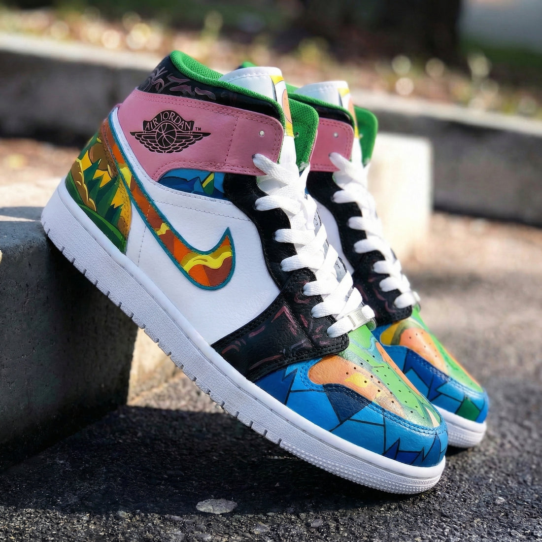 Custom AJ 1s Shoes Landscape Pattern Baby Pink Green