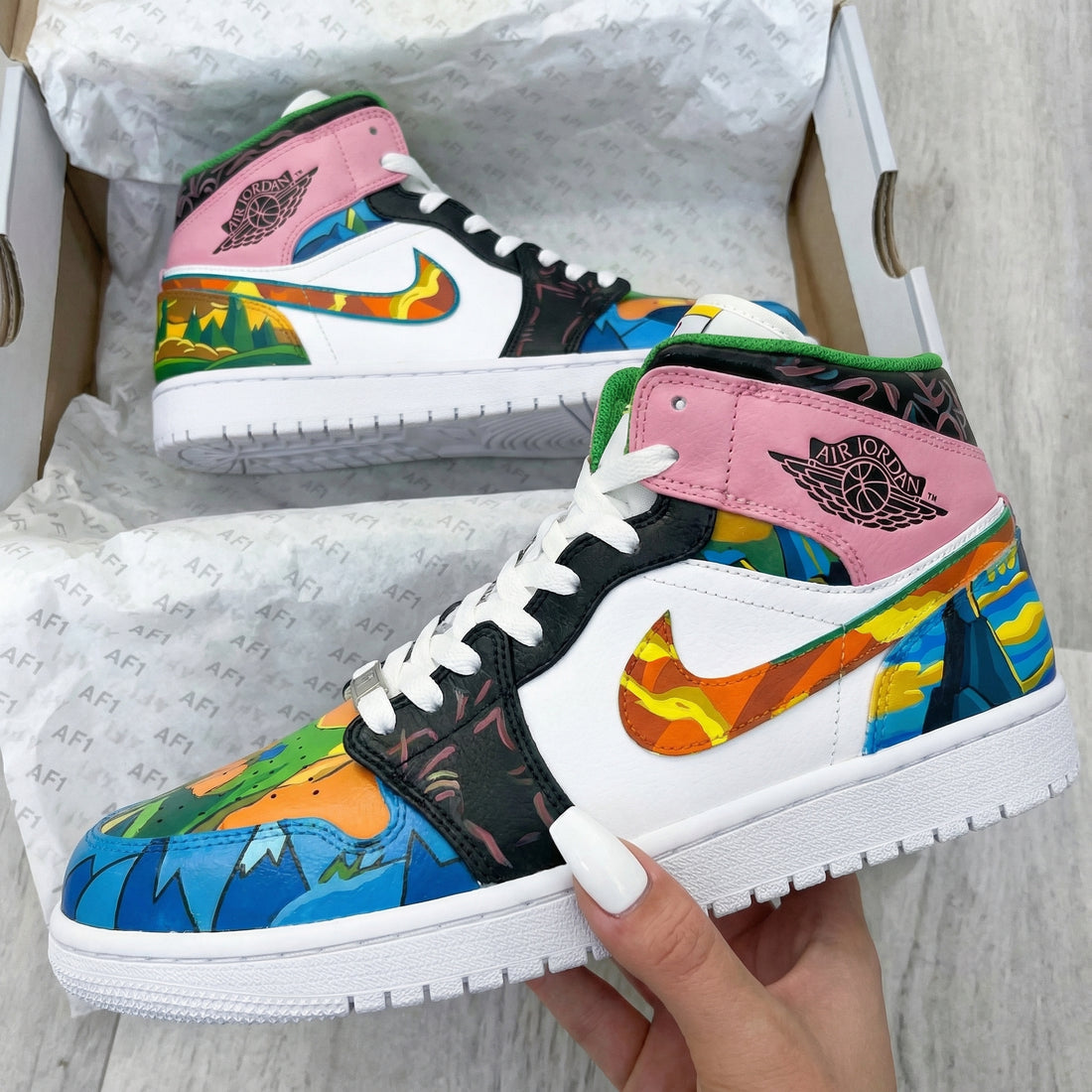 Custom AJ 1s Shoes Landscape Pattern Baby Pink Green